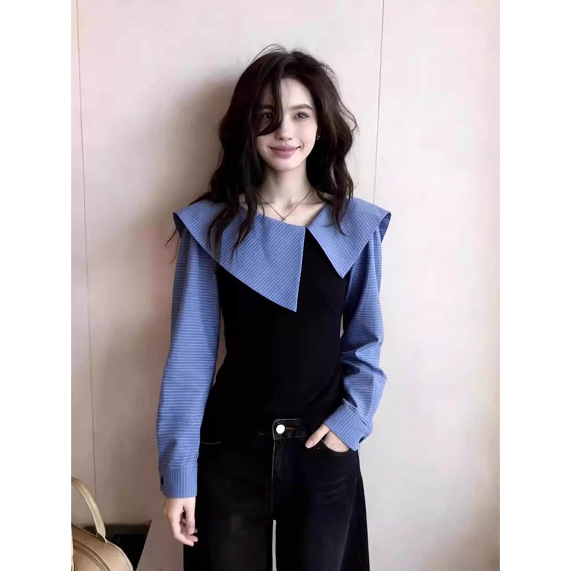 复古撞色条纹翻领长袖衬衫女春秋新款不规则独特修身显瘦外穿上衣