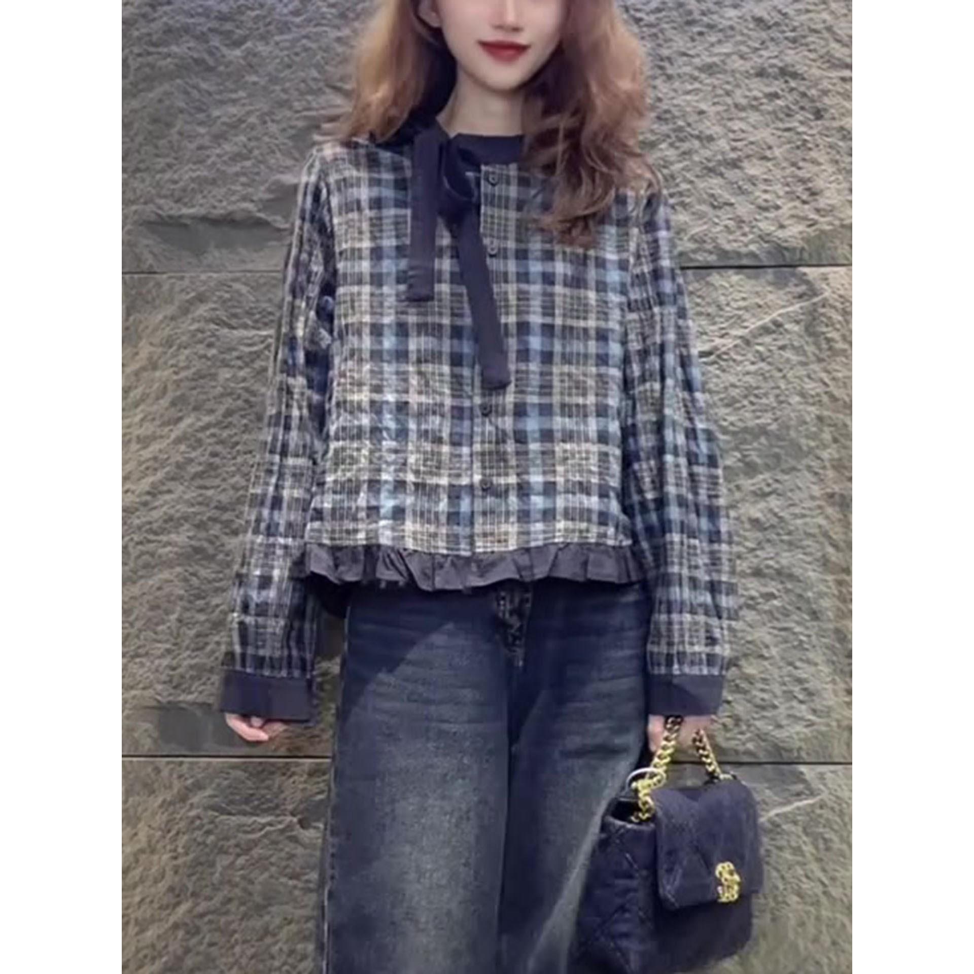 韩系复古气质格纹长袖衬衫