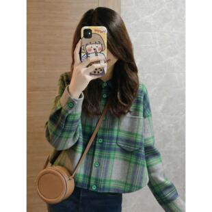 2026春款新款绿色格纹衬衫外套女轻奢气质高级设计感小众宽松上衣