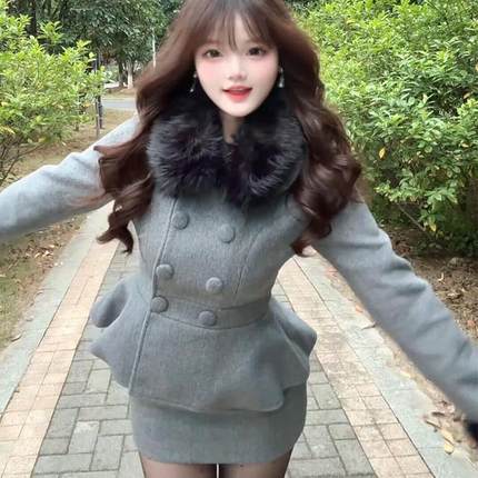 财阀富家千金小香风套装女秋冬高级感气质名媛毛呢外套半裙两件套