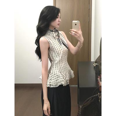 花边格子无袖挂脖上衣