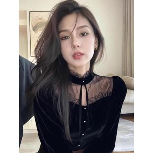 轻熟风黑色蕾丝拼接丝绒衬衫女款秋季新款法式气质名媛叠穿小衬衣