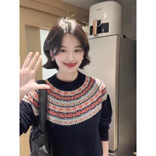费尔岛提花藏蓝色长袖套头毛衣女秋冬慵懒宽松内搭新年款针织上衣