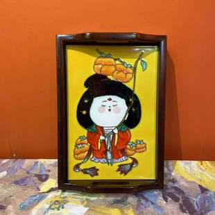 年货20*30-双耳茶盘手绘瓷板画新中式老榆木长方形茶盘