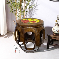 木棉花-新中式复古实木老榆木鼓凳手绘浮雕瓷板画装饰摆件