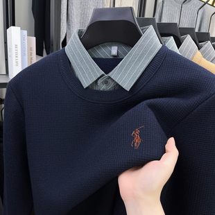 柏拉图保罗新款秋冬男士假两件毛衣长袖刺绣衬衫领休闲纯色上衣