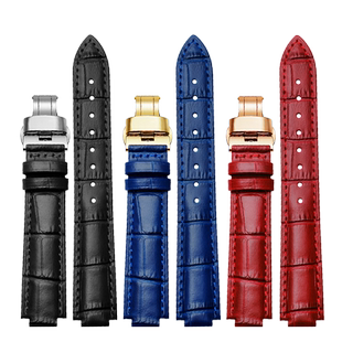 手表带女真皮 适配芙丽WD13B001SES 凸口头层牛皮表链 9 12MM黑红