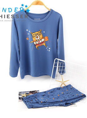 舒雅男童家居服儿童睡衣纯莫代尔宝中大童小孩长袖长裤套装15885H