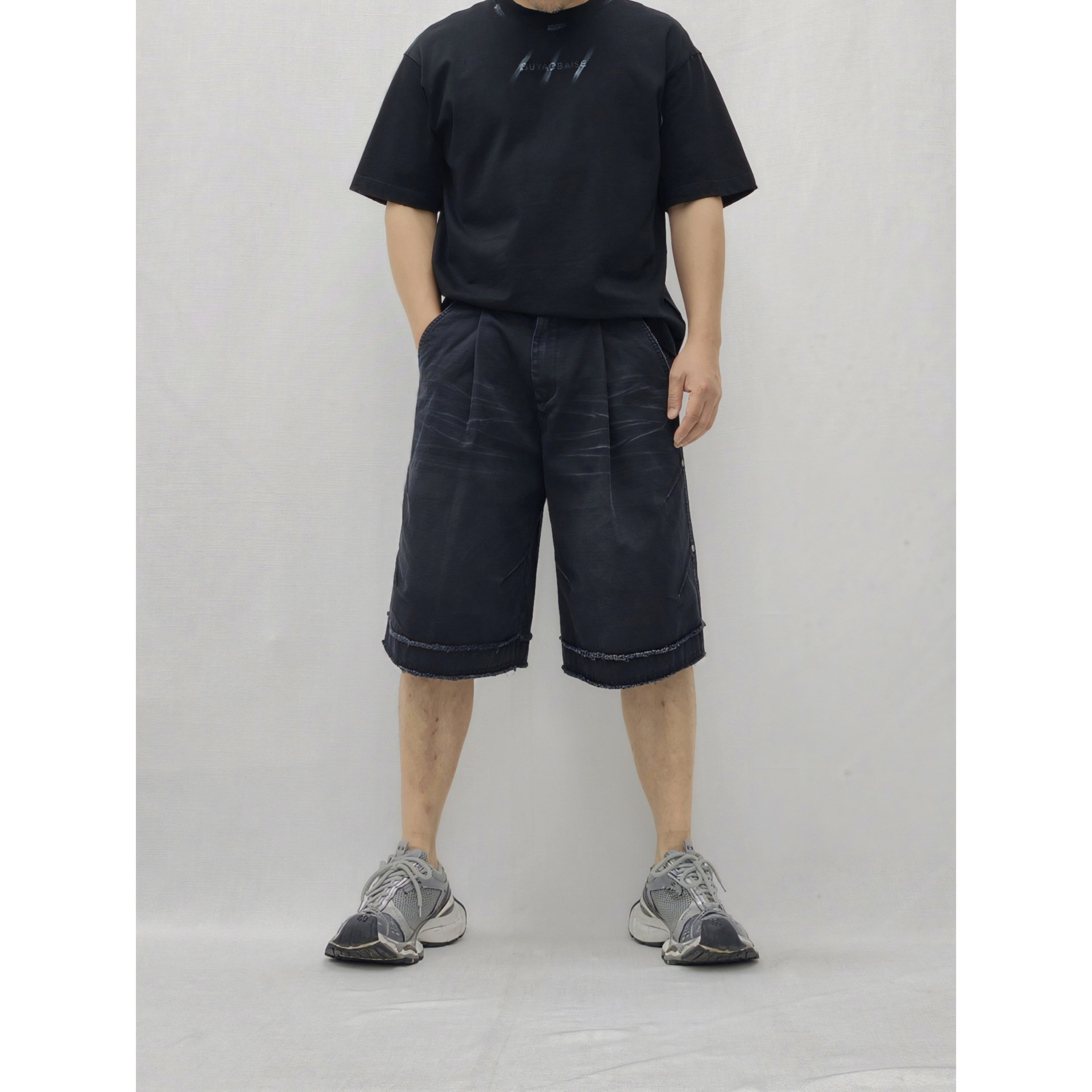 美式水洗做旧工装风休闲牛仔短裤男夏季宽松阔版五分裤毛边设计感