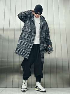 潮牌连帽宽松中长款风衣外套男秋冬羊毛呢子大衣复古编织千鸟格帅