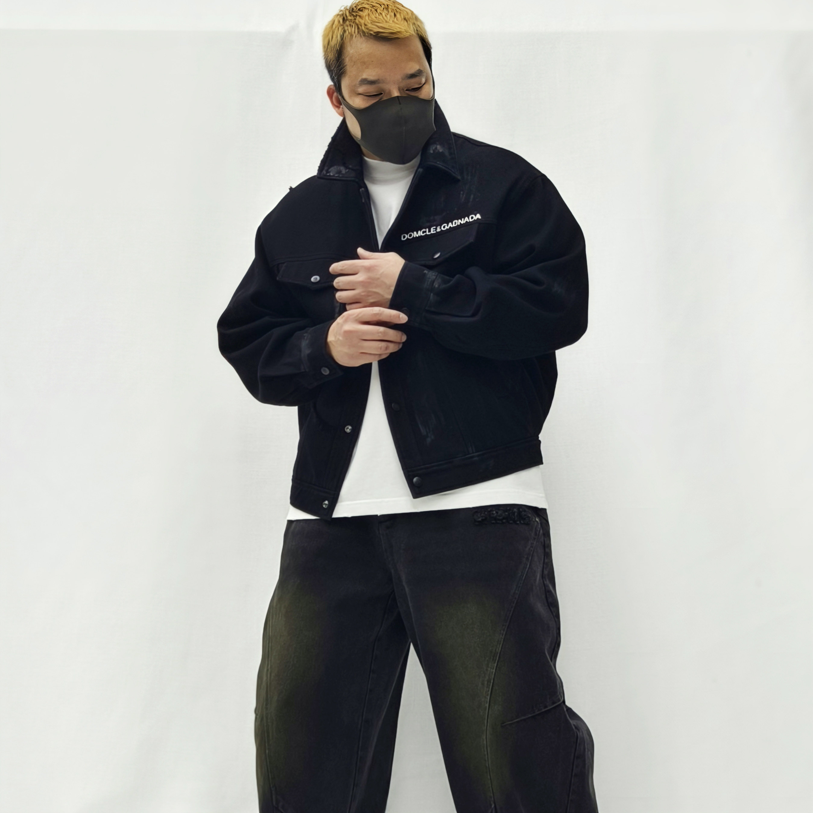 港风设计感高街潮牌做旧拼布牛仔外套男秋冬宽松翻领棉衣夹克痞帅