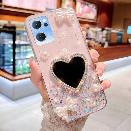 透明滴胶领结爱心镜子适用OPPORENO7手机壳reno7Pro硅胶7se软壳6Pro十+网红女款女高级感防摔reon5潮牌oopo套