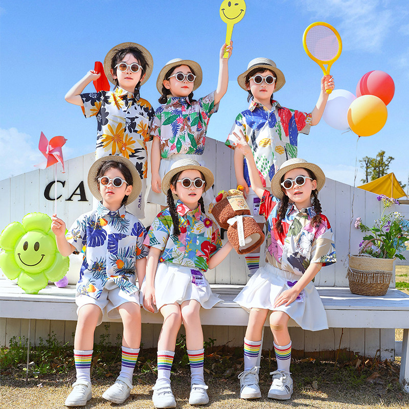 六一儿童港风演出服复古花衬衫幼儿园毕业拍照小学生啦啦队表演服