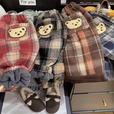 女童卡通百搭小熊加厚格子卫裤