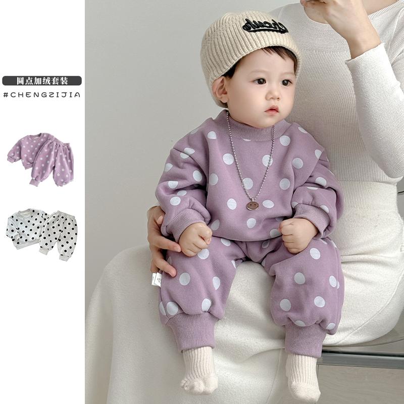 婴幼儿冬装休闲加绒卫衣套装2025新款男女宝宝韩版百搭洋气两件套