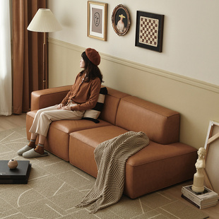 zok作壳丹麦设计轻奢生态皮防水沙发钢琴键复古豆腐块三人位