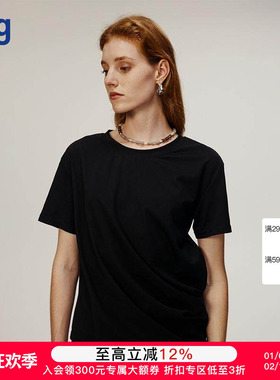 【AETNA PROJECT】hug 2025早春新款黑色宽松圆领垂褶T恤