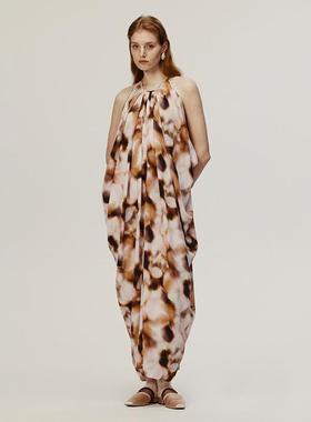 【AETNA PROJECT】hug 2025早春新粉棕浅粉黄晕染印花垂褶连身裙