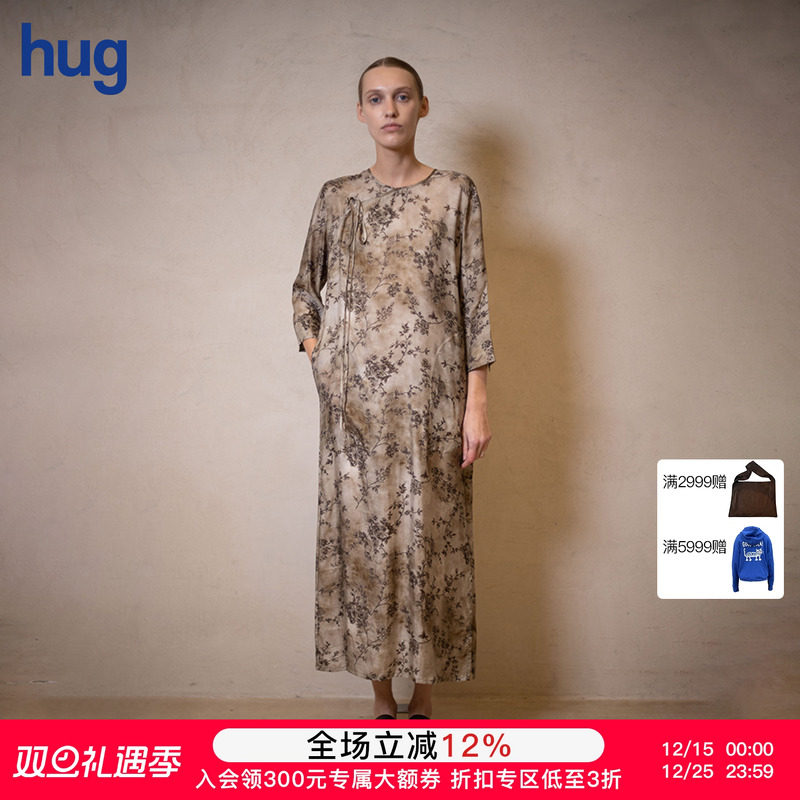 【UMAWANG】hug 2025春夏新款复古印花中式长袖连衣裙