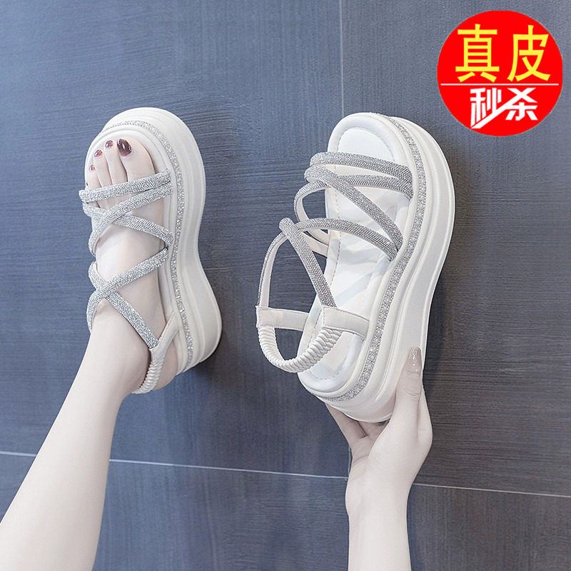品牌鞋夏季厚底增高潮仙女风外穿水钻百搭网红松糕坡跟罗马凉鞋女