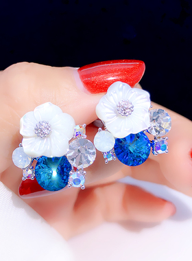 无耳洞耳夹式耳钉女蓝色水晶耳饰韩版气质花朵日系简约新款潮耳环