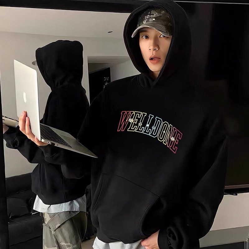 WE11DONE TRACK*25AW小众潮牌高街彩虹印花加绒宽松情侣连帽卫衣