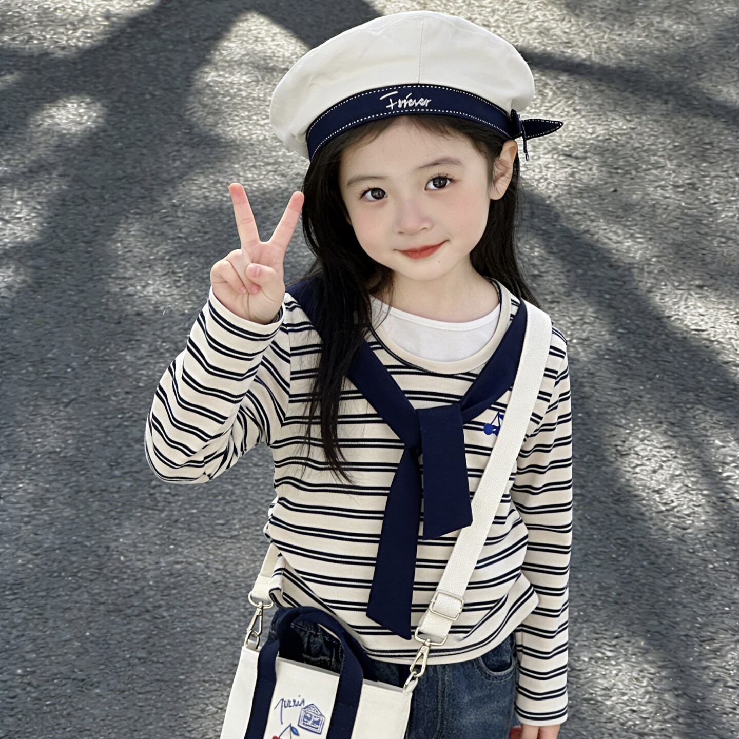 春季新款女童小樱桃印花全棉条纹海军领假两件披肩长袖T恤上衣