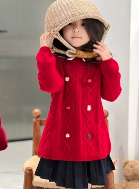 日系皇室FA 秋冬女童手工绣花兔兔熊熊苹果菱格羊毛红色套头毛衣