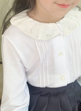 日系皇室女童学院风小金樱桃刺绣花边领白色基础款打底衫纯棉衬衣