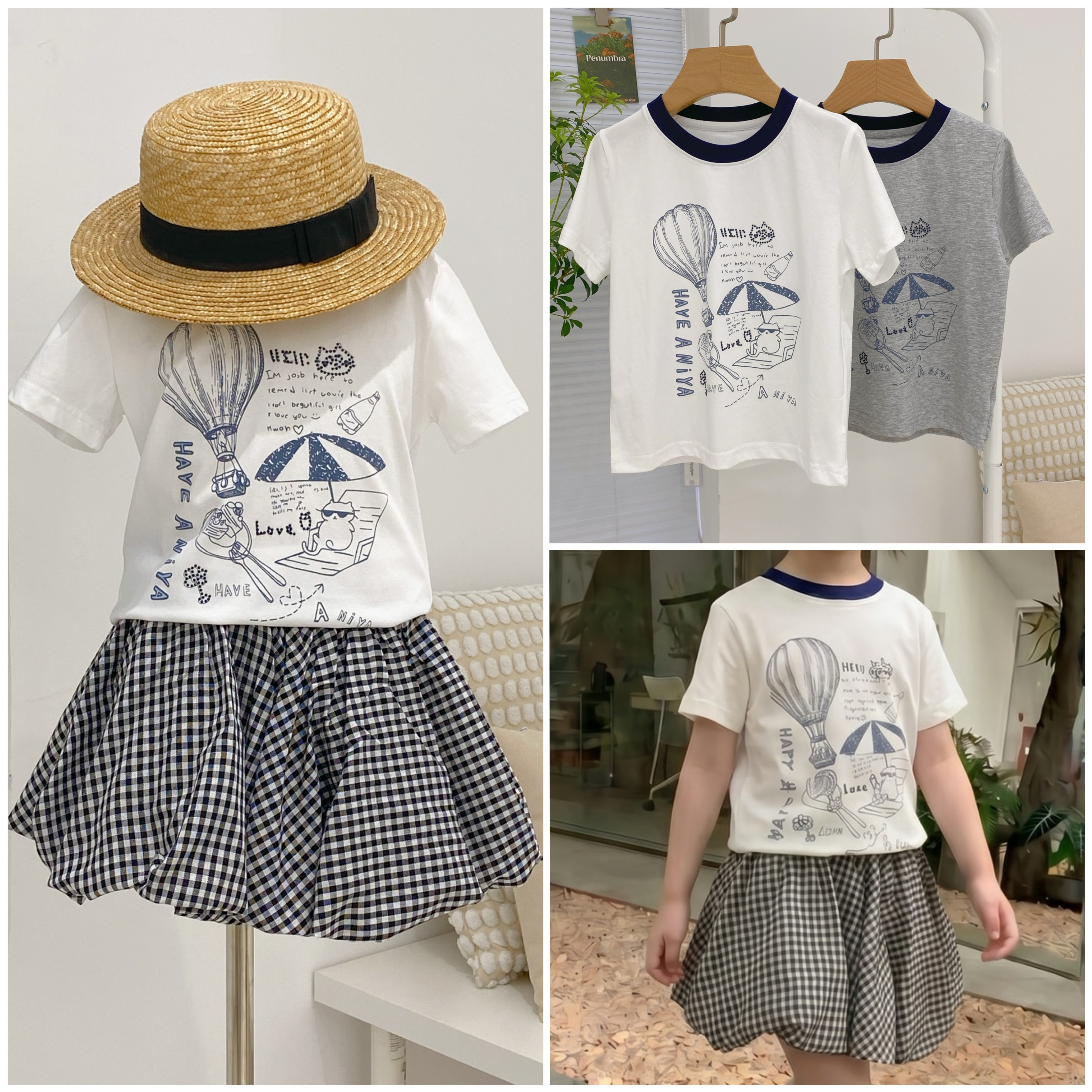 夏季新款女童烫钻猫咪热气球短袖T恤+黑白格子花苞裙裤套装