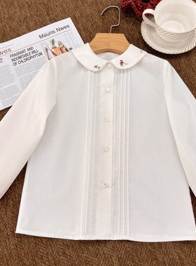 日系皇室女童学院风气质基础款采蘑菇女孩刺绣翻领白色打底衫衬衣