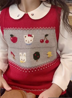 日本皇室 秋冬新品 女孩儿童手工绣学院风小樱桃提花红色针织背心
