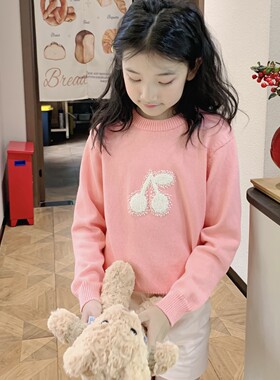 儿童早春新品女童法式手工樱桃点点毛巾绣圆领橘粉套头毛衣针织衫