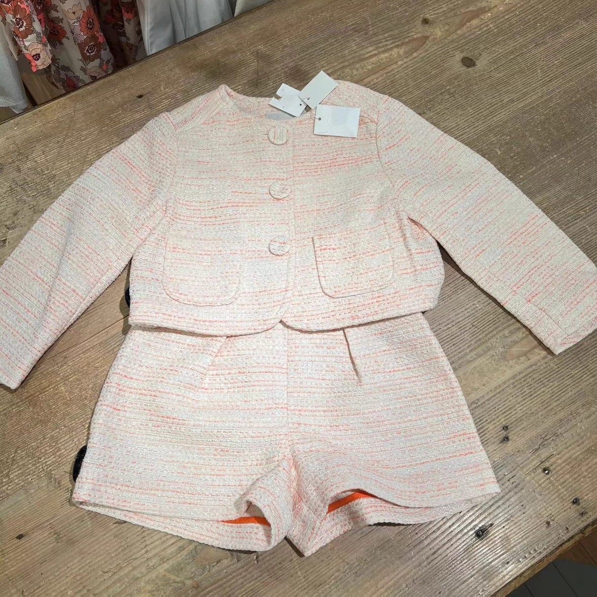 25SS女童法式小香风纽扣口袋短款外套+短裤套装 粉色暗花礼服套装