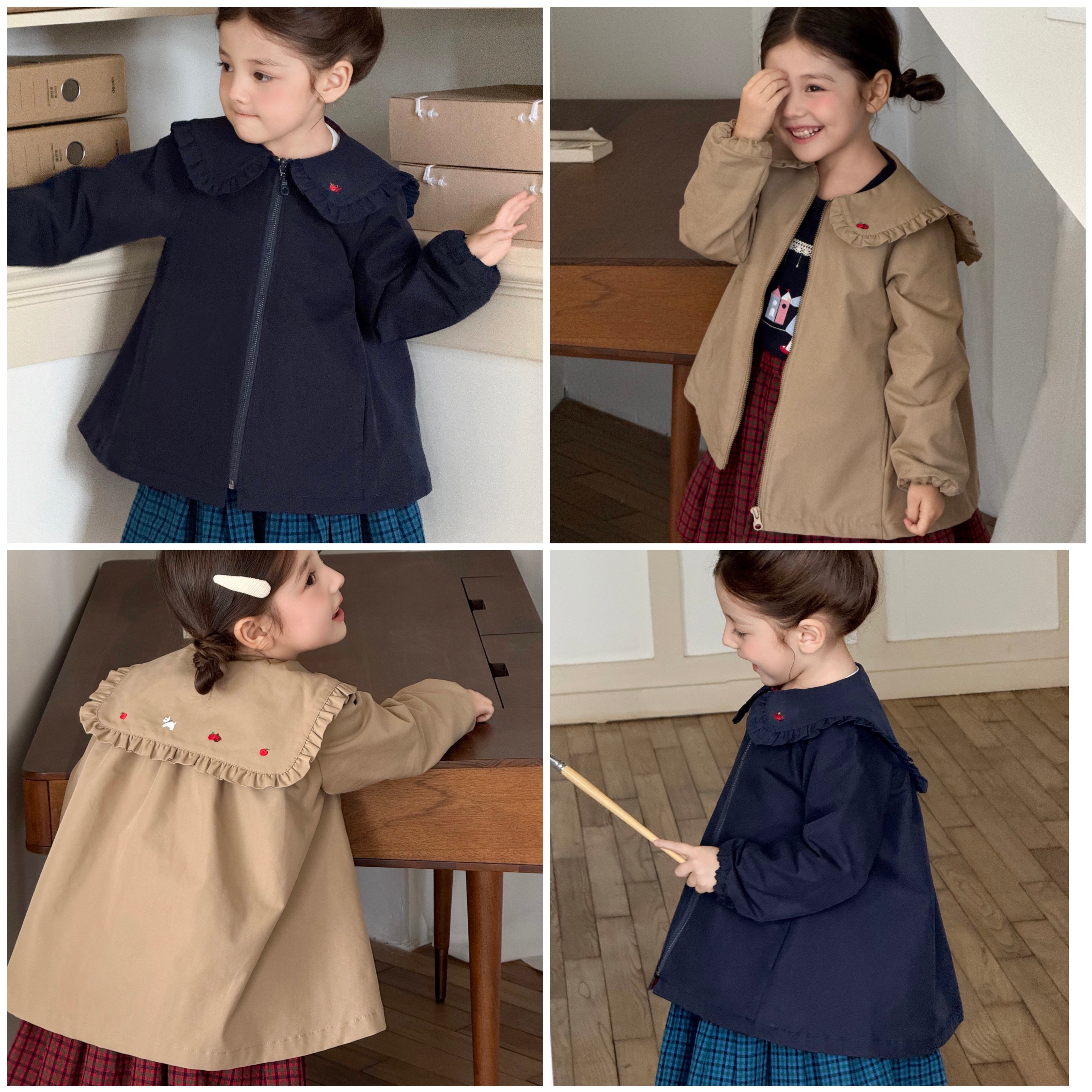 日系皇室女童秋季时髦花边海军领刺绣外套藏青卡其下摆风衣外套