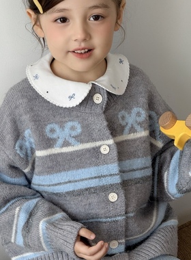 日系皇室女童秋冬洋气灰拼接蓝色条纹蝴蝶结提花羊毛混纺开衫毛衣