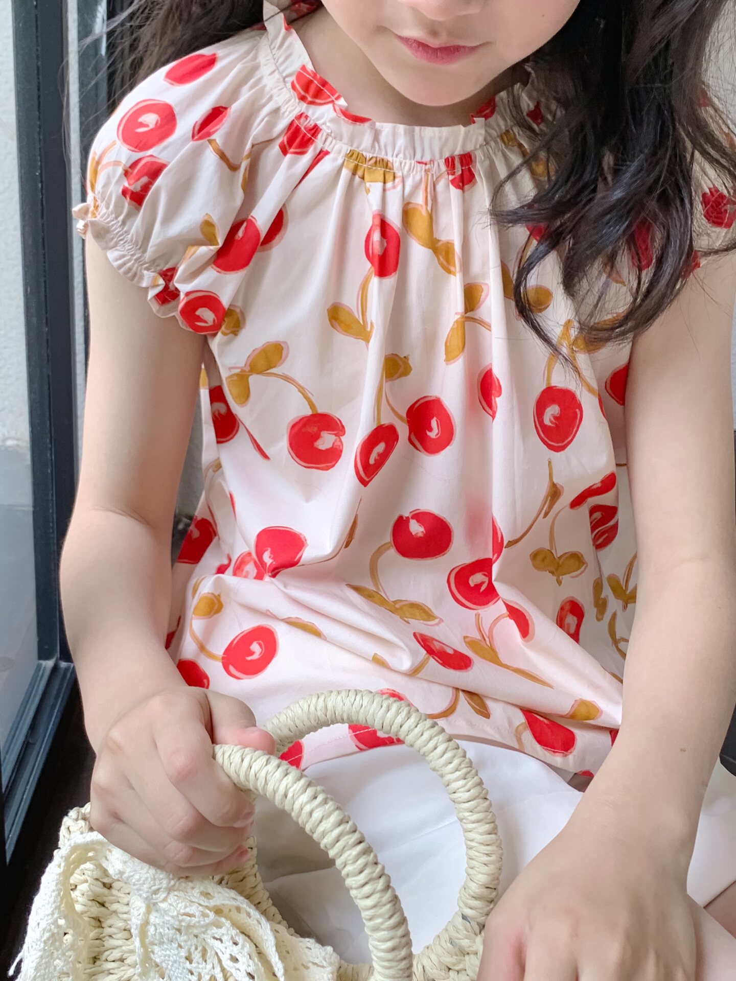 夏季女童法式红色大樱桃印花精梳棉娃娃衫上衣+米白樱桃刺绣短裤
