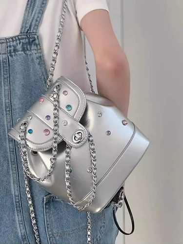 Серебряный рюкзак, сумка на одно плечо, модная небольшая сумка для школьников, цепь, ведро, в стиле Шанель
