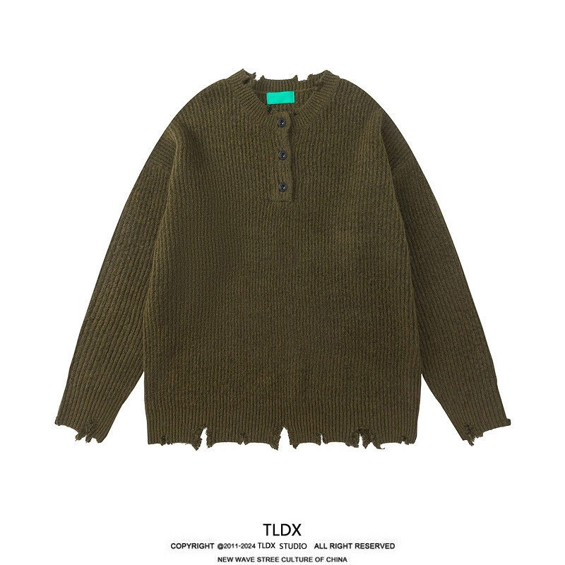 日系复古纯色破烂纽扣毛衣