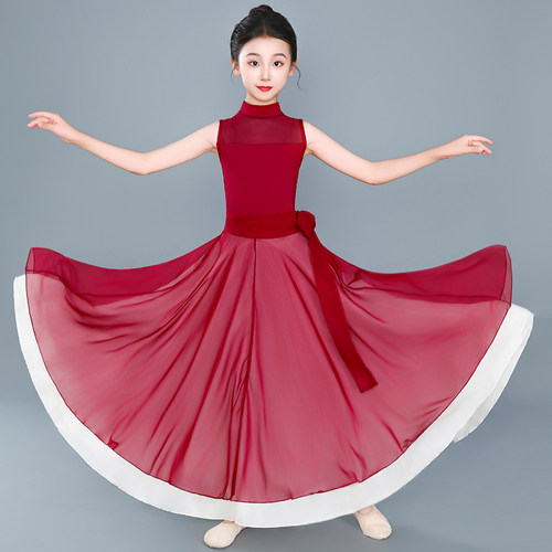 光亮儿童扇子舞蹈演出服中国红古典双层大摆裙女童卜卦现代舞练功