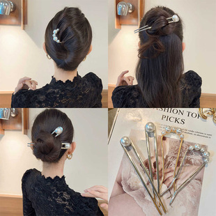 新中式U型珍珠发簪高级感新款丸子头盘发钗金属插梳懒人盘发神器