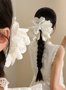 法式白色花朵蕾丝珍珠马尾抓夹女高级感温柔百搭后脑勺鲨鱼夹发饰
