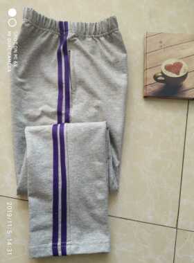 春夏中小学生校服裤子浅灰色两道深紫杠纯棉直筒宽松裤运动裤长裤