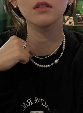 2024夏季新款天然巴洛克珍珠项链女高级设计感小众ins嘻哈锁骨链