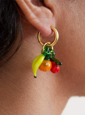 AidoStudio自制夏日玻璃水果串耳环樱桃香蕉橘子手工琉璃耳夹