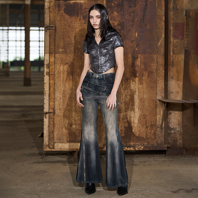 错位双腰多拉链做旧洗水牛仔长裤