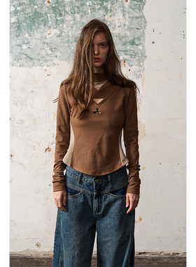 BORON ATOMS  三角形分割拼接刺绣长袖T恤上装