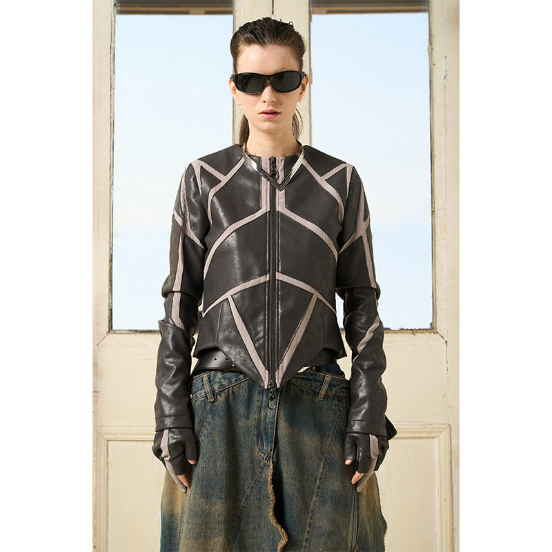 BORON ATOMS23SS肌理贴皮裁剪拼接设计修身圆领外套