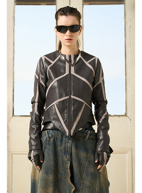 BORON ATOMS23SS肌理贴皮裁剪拼接设计修身圆领外套