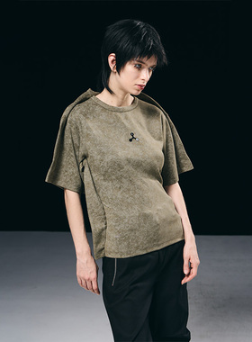 BORON ATOMS 23SS飞扁创意压线紧身麂皮洗水短袖T恤修身质感上衣